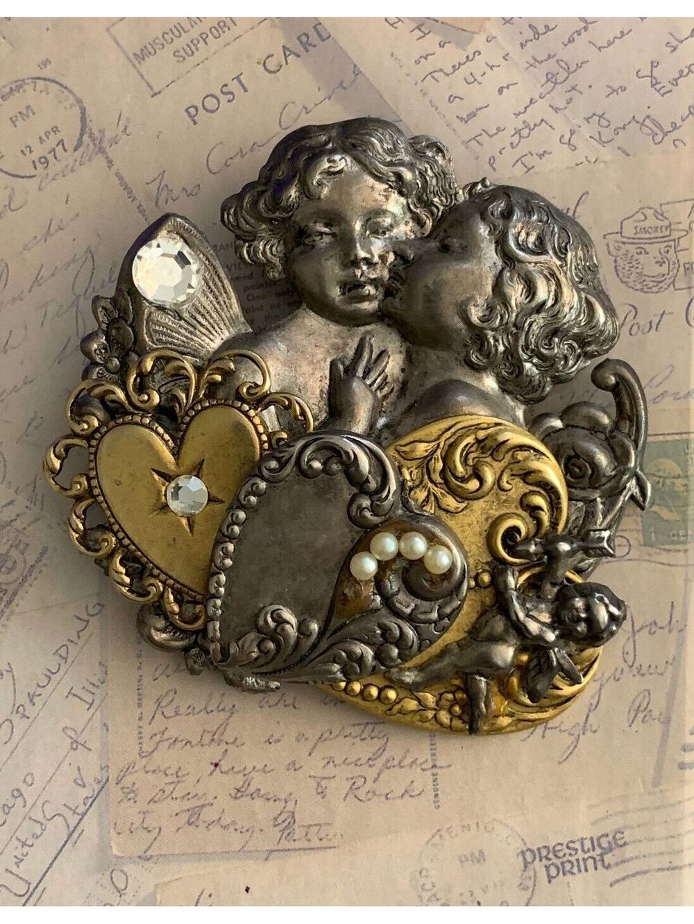 Vintage Cherub Hearts Rhinestone  Brooch Pin